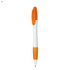 A plastic pen featuring a white body with orange accents and a clip. It has a simple design and a logo.