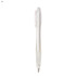 A plastic pen with a transparent barrel, silver accents, and a white grip, featuring a clip and a branding logo.