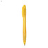 A yellow plastic pen with a transparent body and a clip on top. Features a sleek design and a logo.