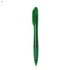 A green plastic pen with a glossy finish and a clip at the top. It features a logo.