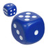 A set of blue stress dice in varying sizes, featuring white dots on each face. The image includes a branding logo.
