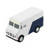 A white and navy stress toy shaped like a commercial van, featuring simple details and a smooth surface.