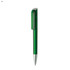 A green plastic pen with a shiny silver tip and a transparent green clip. It has a branding logo.