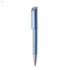 A blue plastic pen with a sleek design and a metallic silver tip. It features a clip and a branding logo.