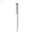 A plastic pen in white with a green clip and a branding logo on its side.