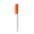 A white plastic pen with an orange clip, featuring a logo on the barrel.