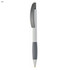 A plastic pen with a grey barrel and a white grip, featuring a logo on the clip.