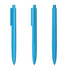 Three blue plastic pens with a glossy finish, featuring a simple design and clip on the side.