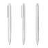 A set of three white plastic pens with a high gloss finish and a clip on the side, featuring a logo.