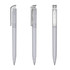 A transparent grey plastic pen with a silver clip, shown from three different angles. It features a simple design and sleek finish.