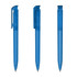 A transparent blue plastic pen with a clip, featured from three different angles. Includes a logo on the barrel.
