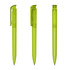 A collection of three transparent green plastic pens, each with a clip and a smooth writing tip.