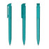 A set of three transparent teal plastic pens with a clip design. Each pen has a distinctive shape and finish.