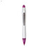 A plastic pen in white and purple, featuring a sleek design and silver accents, with a logo on it.