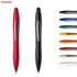 A red and a black plastic pen, with a variety of additional pen colours displayed alongside. Each pen has a sleek design and a logo.