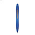 A blue plastic pen with a smooth body and a silver accent, featuring a branded logo.