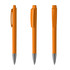 An orange metal pen with a glossy finish, featuring a clip and a chrome tip, shown from three angles.