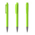 A set of three bright green metal pens featuring a sleek design and a clip. Each pen has a shiny silver tip.