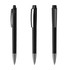 A set of three black plastic pens with shiny silver detailing and a logo on each.