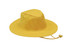 A yellow poly cotton slouch hat with a wide brim and a chin strap for secure wear.
