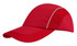 A red cap featuring woven fabric and mesh side panels, with a curved peak and a logo.