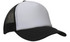 A truckers mesh cap featuring a white front and black mesh sides and brim, with a logo on the front.