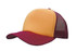 A truckers mesh cap in orange and maroon with a structured front and mesh back.