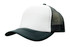 A trucker mesh cap featuring a white front panel and a black mesh back. The cap has a curved brim and a logo.