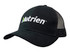 A black organic brushed cotton cap with a mesh back and a logo on the front.
