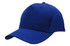 A blue breathable poly twill cap with a rounded crown and curved brim, featuring a logo on the front.