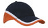 A tri-coloured cap featuring a navy blue base with orange and white accents and a logo.