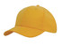 A yellow cap with a curved brim and a top button, featuring a logo on the front.