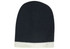 A two-tone cable knit beanie in dark navy blue with a light grey bottom band and a logo on it.
