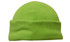 A bright green micro fleece beanie with a rolled cuff and smooth texture. Features a logo on the side.