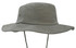 A brushed heavy cotton hat in a muted olive colour with a wide brim and chin strap, featuring a logo.
