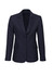 A women's longline jacket in navy, featuring a tailored fit and two front pockets. Includes a logo on the label.