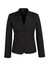 A black women's short jacket with a reverse lapel and two buttons, featuring long sleeves and a fitted design.