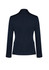 A dark navy mid-length women's blazer with a two-button closure and long sleeves, featuring a logo.