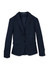 A navy blue mid-length women's jacket with a two-button design and front pockets, featuring a logo.