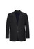 A black men's blazer featuring a two-button design, tailored fit, and two front pockets. Has a branded label inside.