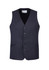A navy longline vest with a five-button front, two side pockets, and a branded label inside.