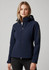 A women's soft shell jacket in navy, featuring a hood and a logo on the sleeve.