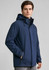 A men's navy rain jacket with a hood, designed with a front zip and side pockets, featuring a logo.