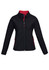 A black soft shell women's jacket featuring red accents and a zippered front, with side pockets and a logo.