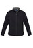 A black soft shell jacket with a zip front, side pockets, and a collar. It features branding on the inside label.