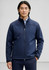 A navy men's softshell jacket with a high collar and zippered pockets, featuring a logo on the chest.