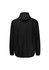 A black rain jacket with a hood, featuring a simple design and long sleeves, also has a logo on it.
