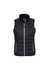 A black women's vest with a zip front, featuring horizontal padding and two side pockets. It has a logo on the chest.
