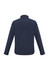 A men's soft shell jacket in navy blue, featuring long sleeves and a high collar. It has a logo on the back.