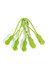 Five green Zippies with flexible cords, designed as clothing accessories. Each has a smooth, rounded grip.